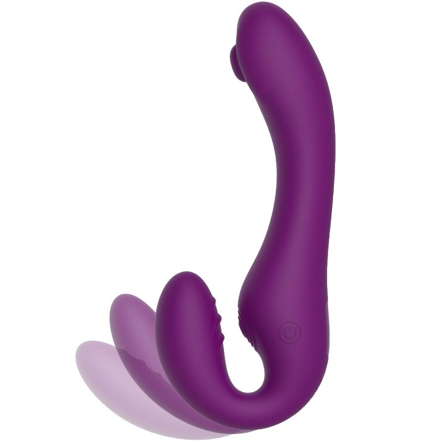 Gode-ceinture sans harnais violet vu de profil, double tige courbe silicone avec extension clitoridienne animee, strap-on transformable en rabbit pour le solo.