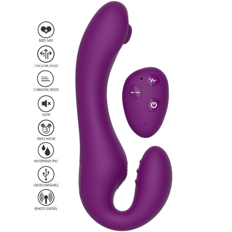 Gode-ceinture sans harnais violet vu de trois quarts avec telecommande et pictogrammes triple moteur, double tige courbe silicone, vibrations et pulsations.