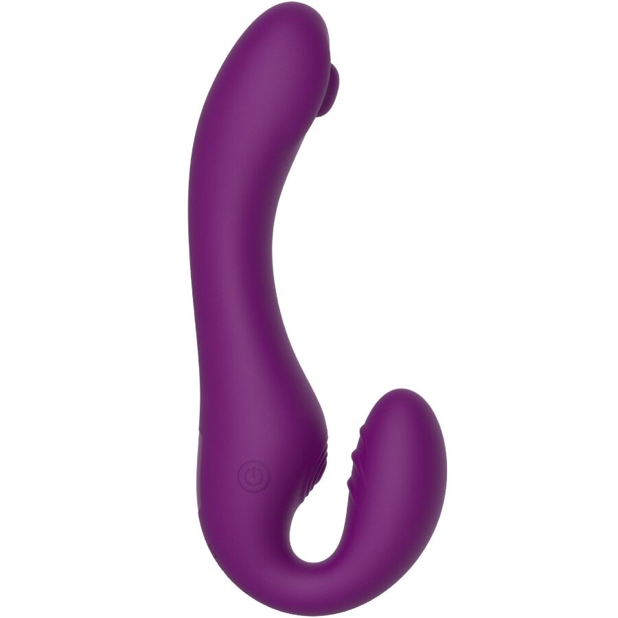 Gode-ceinture vibrant sans bretelles Xocoon en silicone violet, vu de profil, double extension incurvee pour stimulation interne et clitoridienne, pilotable a distance.