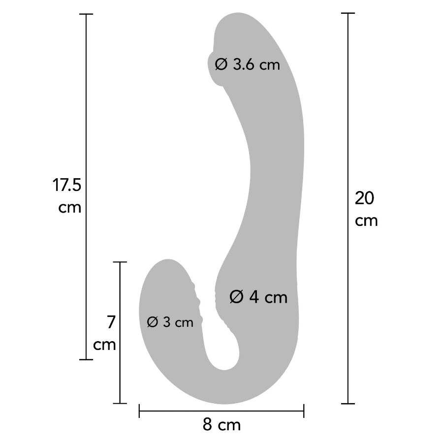 Schema technique cote du gode-ceinture sans harnais Xocoon avec dimensions : longueur 20 cm, branches de 17,5 et 7 cm, diametres 3,6, 4 et 3 cm.