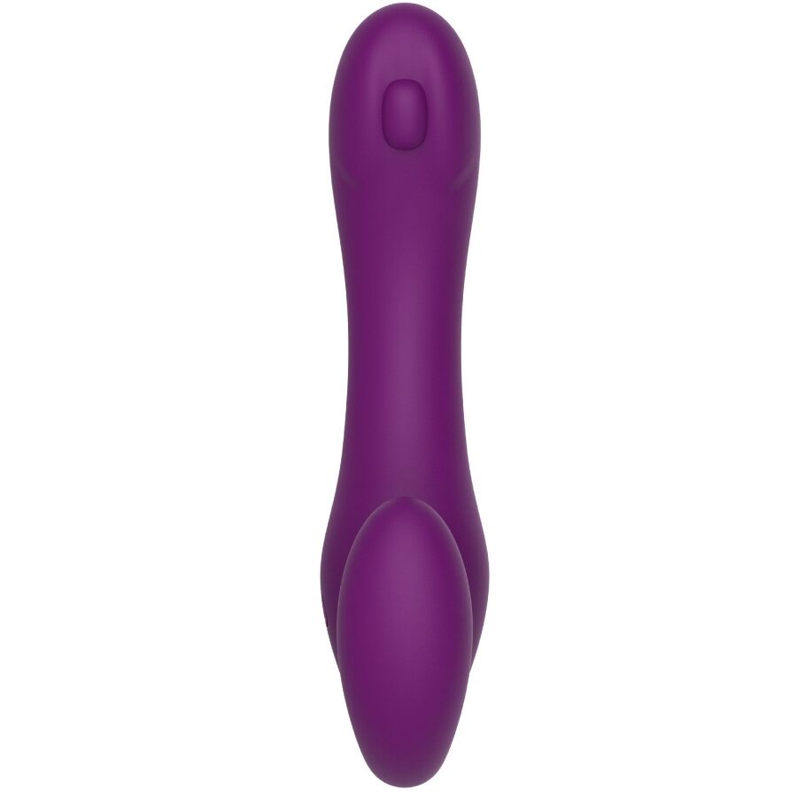 Gode-ceinture sans bretelles violet vu de face, tige principale lisse incurvee en silicone sans gland ni veine, design 2 en 1 porte sans harnais.