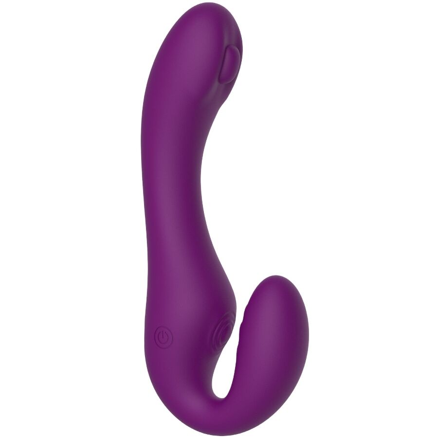 Gode-ceinture vibrant 2 en 1 en silicone violet vu sous un autre angle, bouton de commande visible, transformable en vibromasseur rabbit pour le solo.