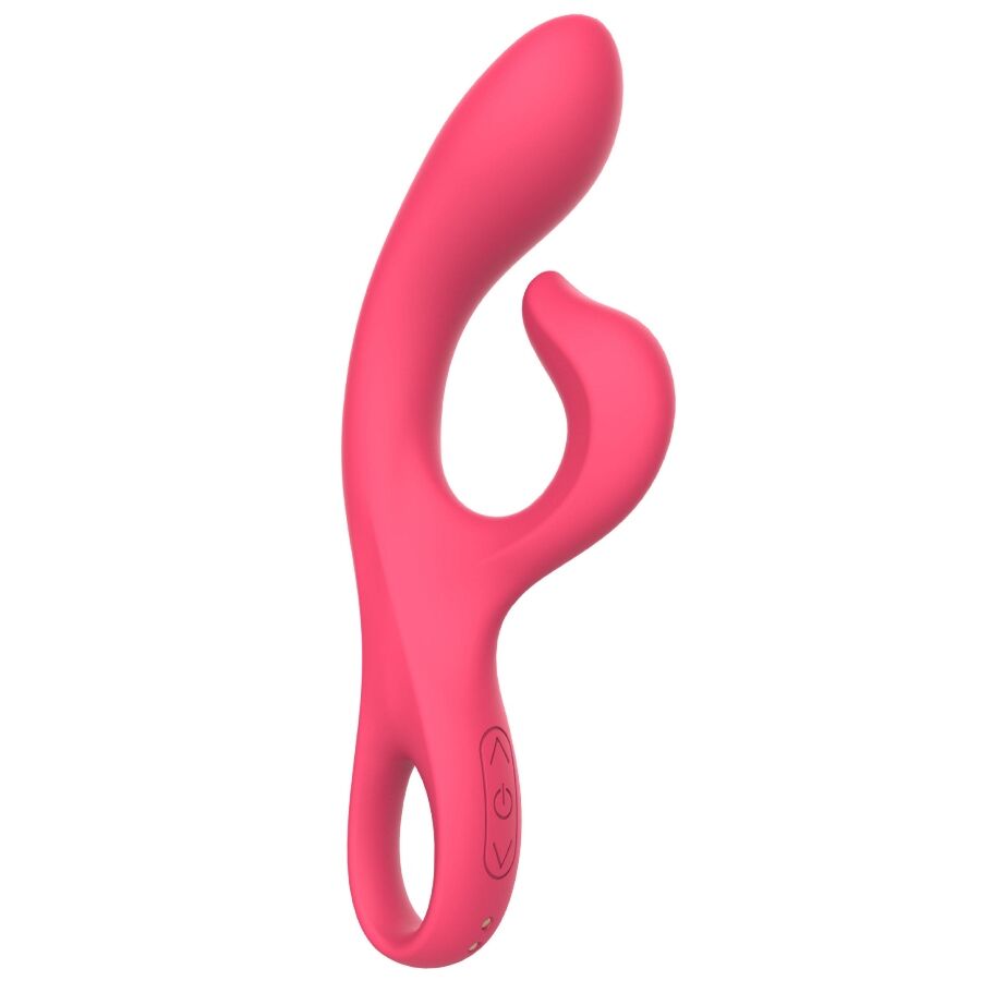 Vibromasseur rabbit point G Xocoon en silicone rose fuchsia, profil galbe avec bras clitoridien souple et anneau de maintien, design pliable et rechargeable.