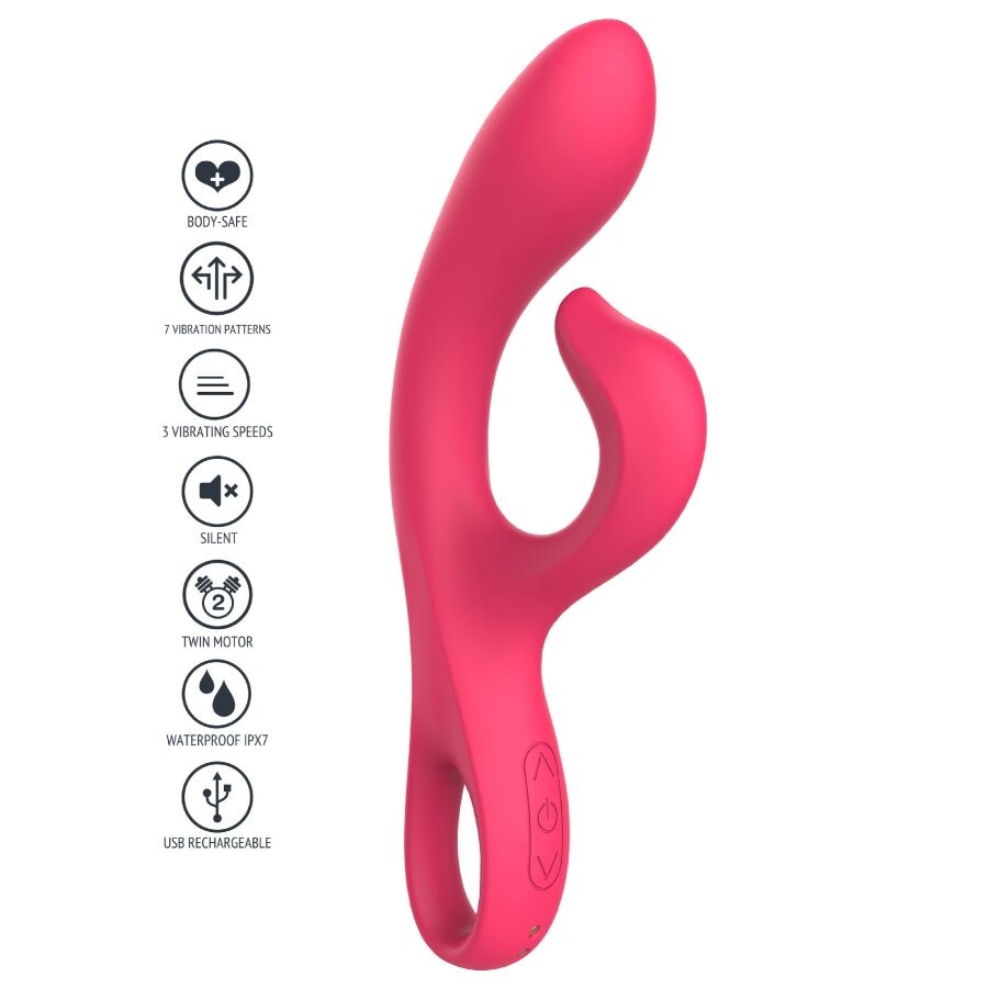 Vibromasseur point G Xocoon en silicone framboise avec pictogrammes : 7 modes, etanche IPX7, double moteur, rechargeable USB, bras clitoridien souple.