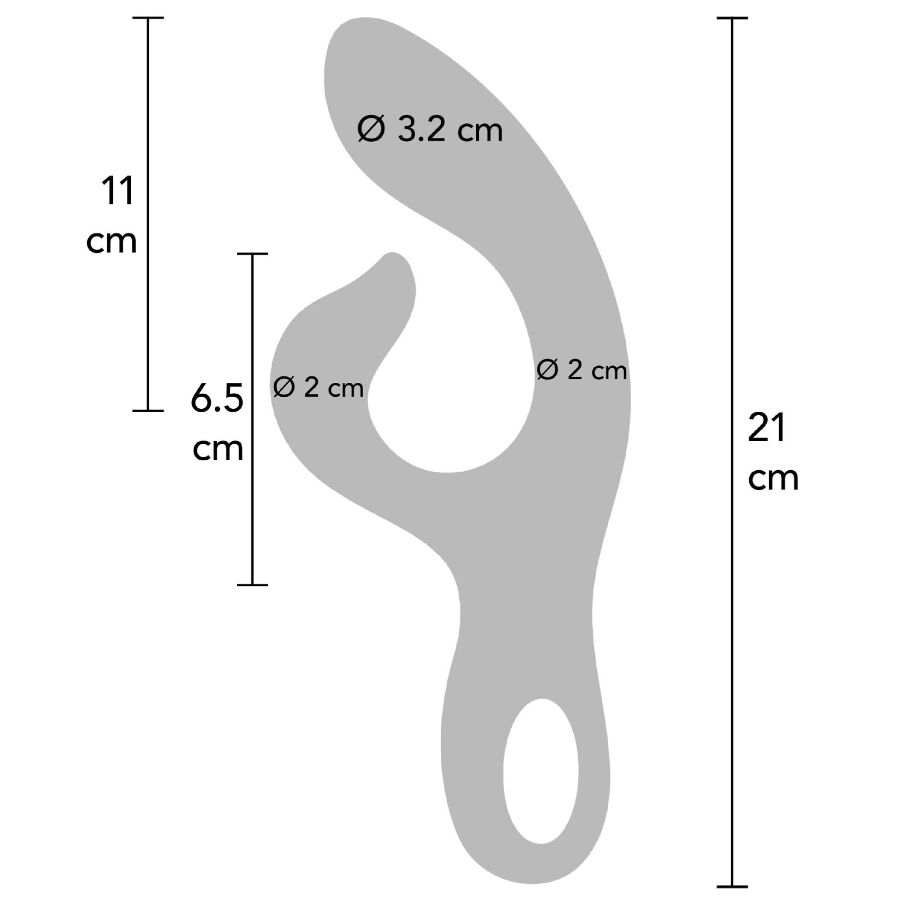 Schema technique cote du vibromasseur point G pliable Xocoon : longueur totale 21 cm, partie de 6,5 cm, diametres 3,2 et 2 cm, forme rabbit en silicone.