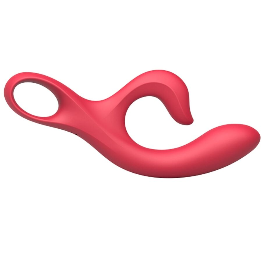 Vibromasseur point G pliable Xocoon en silicone rouge vu a plat, anneau de prehension, tige interne et bras clitoridien recourbe, double stimulation souple.