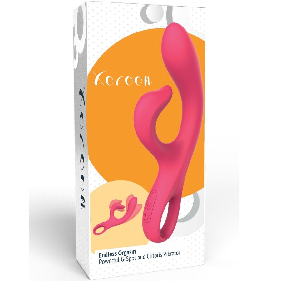 Boite du vibromasseur point G Xocoon Endless Orgasm, packaging blanc et orange, visuel du jouet rabbit en silicone framboise, double stimulation puissante.