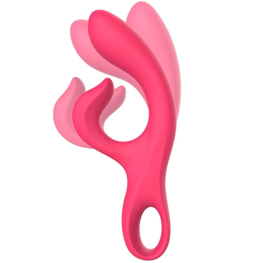 Vibromasseur rabbit Xocoon en silicone rose, visuel en degrade illustrant le mouvement du bras clitoridien flexible, double stimulation point G et clitoris.