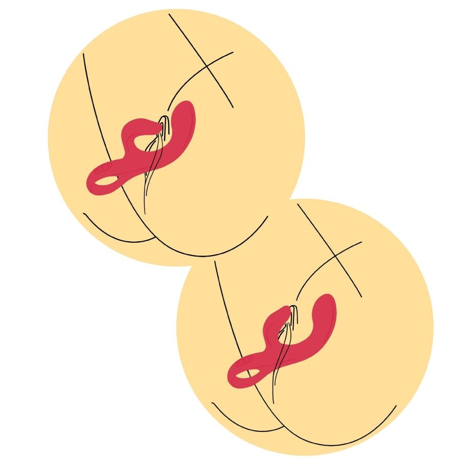 Schema d'usage du vibromasseur point G Xocoon montrant deux positions en main, jouet rabbit en silicone a double stimulation, pliable et rechargeable.