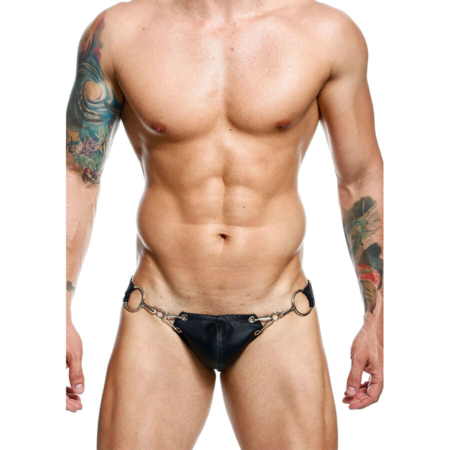 Jockstrap noir Dngeon à fermeture pression avec anneaux métalliques sur les hanches, porté de face