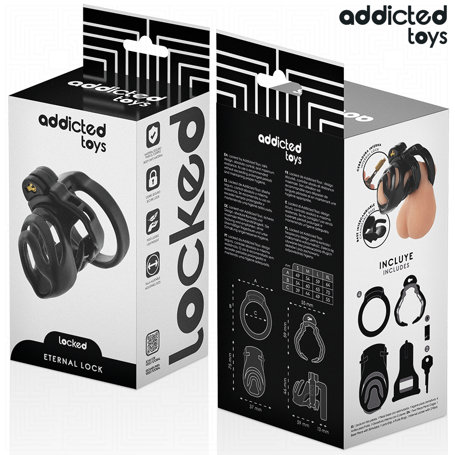 Boites Addicted de la cage de chastete Eternal Lock, cage noire ajouree et accessoires illustres sur l'emballage Locked avec logo addicted toys, chastete a verrouillage securise.