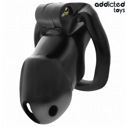 Cage de chasteté Addicted Midnight Cell en plastique noir a structure ajouree avec verrou integre, presentee seule de trois quarts sur fond blanc.