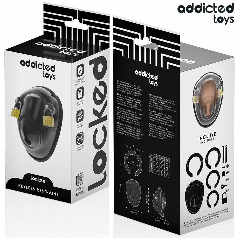 Boites Addicted de la cage de chastete Keyless Restraint, cage noire et accessoires illustres sur l'emballage Locked, dispositif de chastete masculin a verrouillage sans cle.