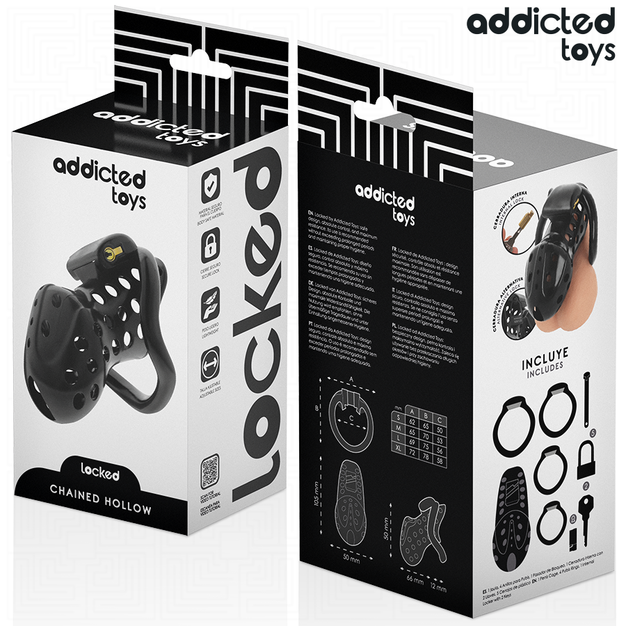 Boites Addicted de la cage de chastete Chained Hollow, cage noire ajouree et accessoires illustres sur l'emballage Locked avec logo addicted toys, chastete a verrouillage.