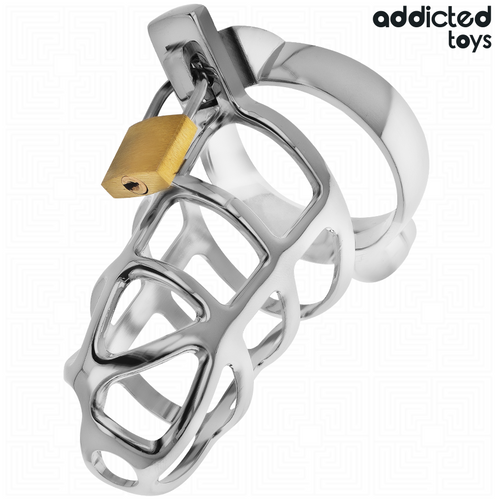Cage de chasteté Addicted Silver Lock en metal chrome a barreaux serres avec cadenas dore, presentee seule de trois quarts sur fond blanc.