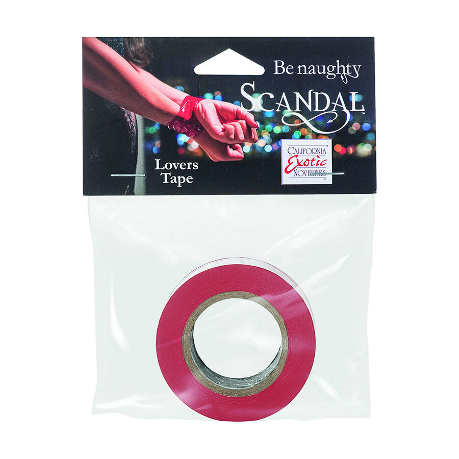 Sachet Scandal Lovers Tape contenant le ruban de bondage rouge auto-adhesif, accessoire de contrainte reutilisable qui n'adhere qu'a lui-meme.