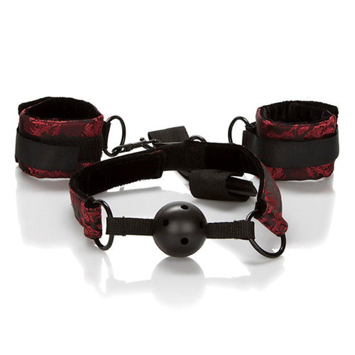 Baillon boule respirant Scandal en silicone noir, sangles brocart rouge et anneaux metal, presente seul de trois quarts sur fond blanc, livre avec menottes assorties.