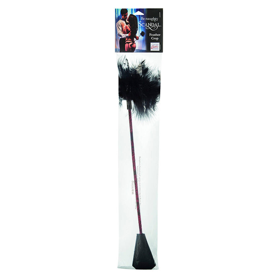 Cravache plumeau Scandal a plumes noires sous blister suspendu, manche fin brocart rouge et embout tapette, accessoire de chatouilles pour jeux sensoriels en couple.