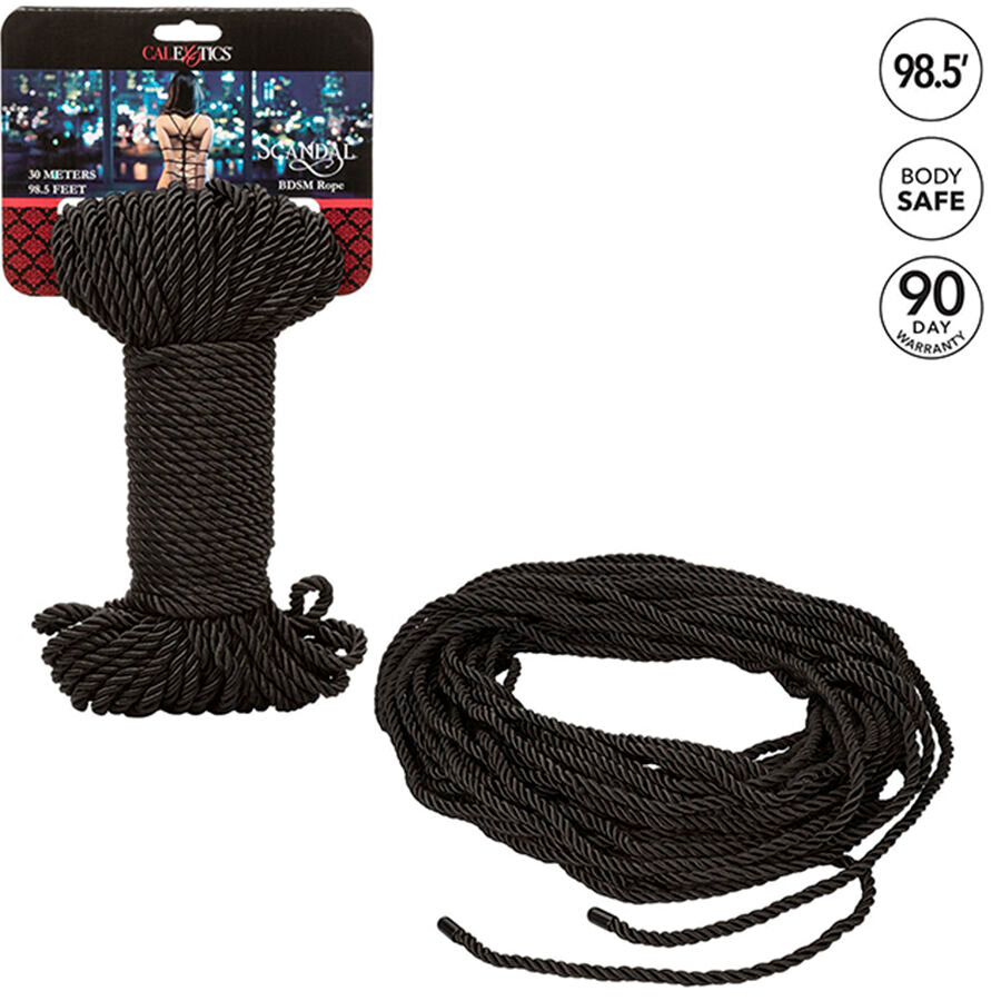 Corde shibari noire sur carte CalExotics avec son long echeveau deroule a cote, nylon fin et soyeux body safe pour les jeux de contrainte et le bondage des poignets et chevilles