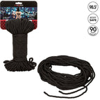 Corde shibari noire sur carte CalExotics avec son long echeveau deroule a cote, nylon fin et soyeux body safe pour les jeux de contrainte et le bondage des poignets et chevilles