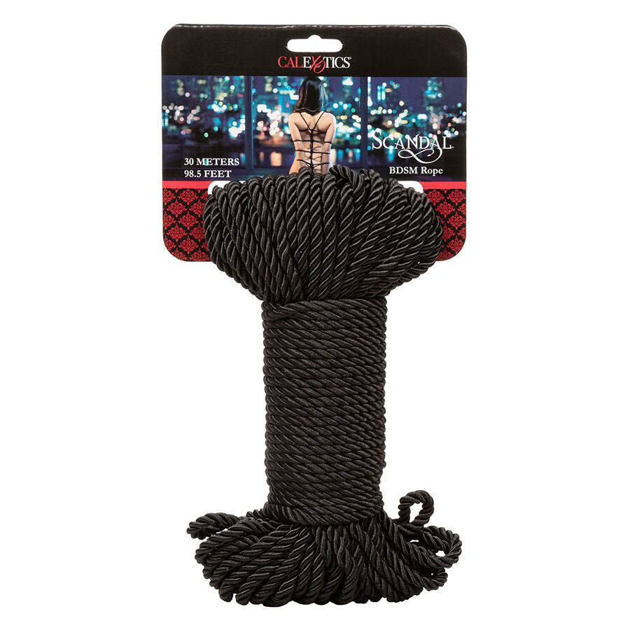 Corde shibari noire en nylon CalExotics presentee sur sa carte, fibre souple et durable pour nouer poignets et chevilles lors de seances de bondage et de contrainte
