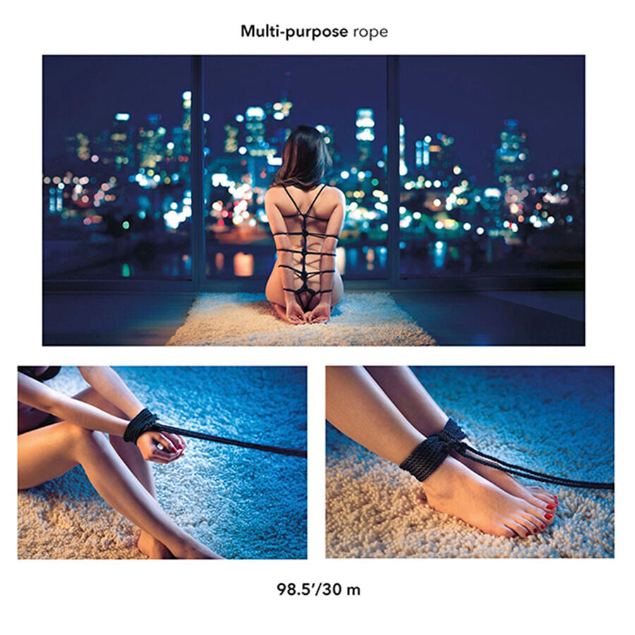 Planche multi-usages corde shibari montrant un modele de dos nu et des poignets attaches, illustrant la polyvalence de la corde de bondage soyeuse CalExotics 90 jours body safe