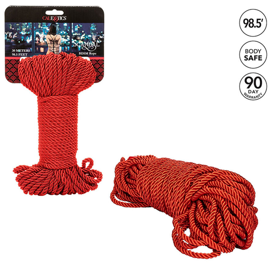Corde de bondage rouge sur carte CalExotics avec son echeveau enroule a cote, nylon fin et soyeux qui glisse sur la peau pour le shibari et le ligotage des poignets et chevilles