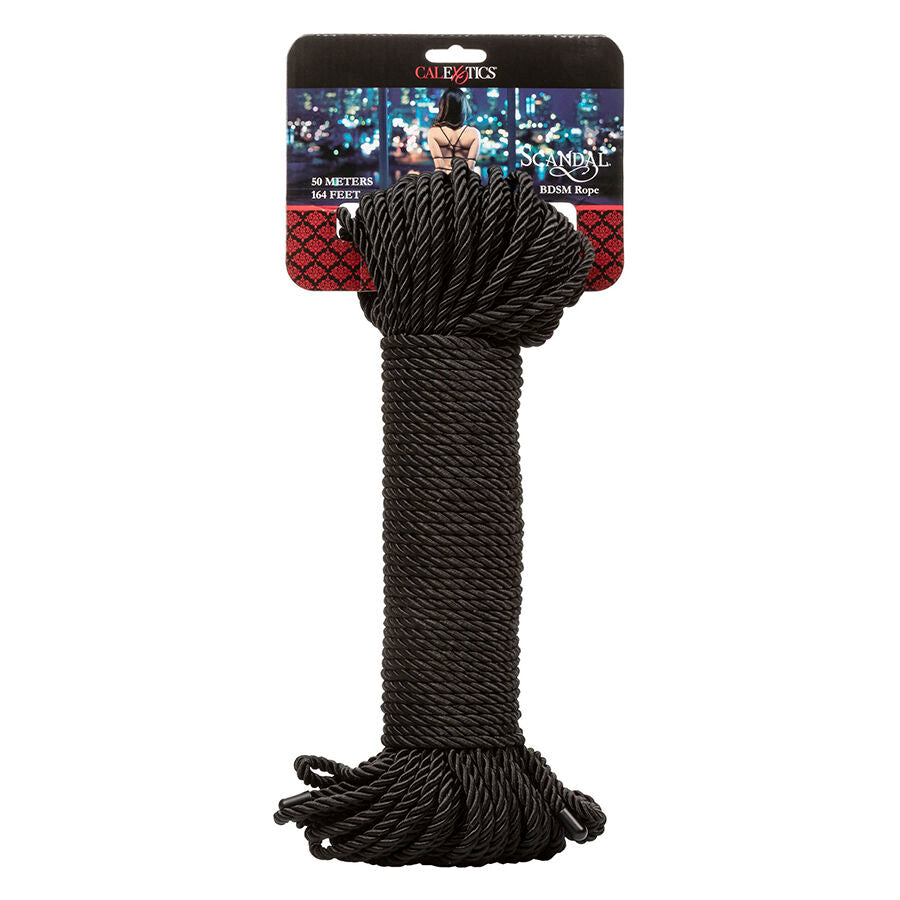 Corde shibari noire en nylon CalExotics sur sa carte de presentation, fibre souple et durable de longueur 164 pieds pour le bondage et le ligotage des poignets et chevilles