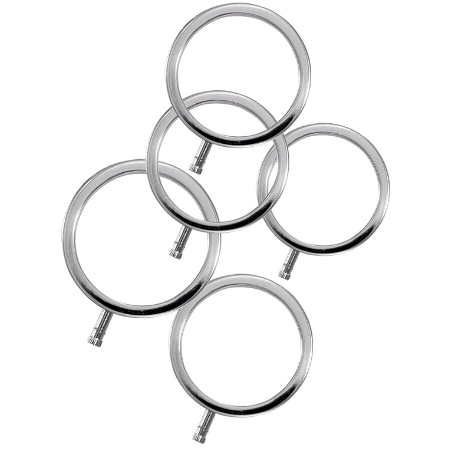 Lot de cinq anneaux peniens ElectraStim en metal massif de diametres differents 36 a 44 mm, cock rings unipolaires a vis connecteur pour electrostimulation ciblee.