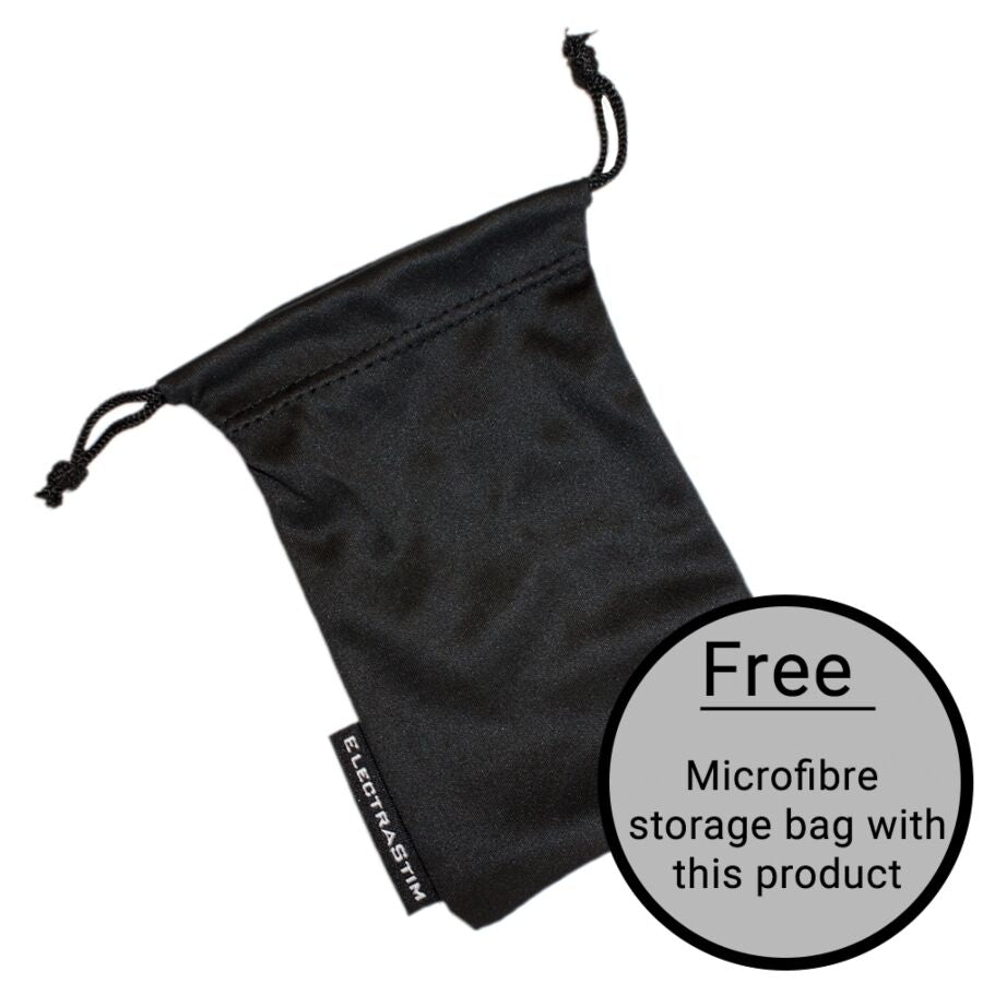 Pochette de rangement ElectraStim en microfibre noire a cordon offerte avec le lot, etui souple pour proteger les anneaux peniens en metal d'electrostimulation.