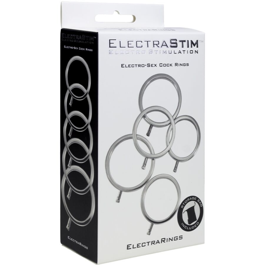 Boite ElectraRings ElectraStim presentant le lot de cinq anneaux peniens en metal de diametres varies, cock rings unipolaires pour electrostimulation ciblee du sexe.