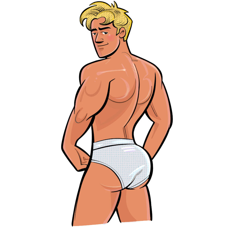 Illustration du personnage masculin de dos en sous-vetement, univers du masturbateur anal Power Bottom Boy Fleshjack, ambiance fantasy mettant en avant le gabarit du modele.