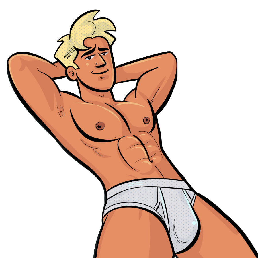 Illustration du modele masculin torse nu en sous-vetement clair, visuel d'univers du masturbateur anal Power Bottom Boy en cyberskin Real Feel a tunnel profond.