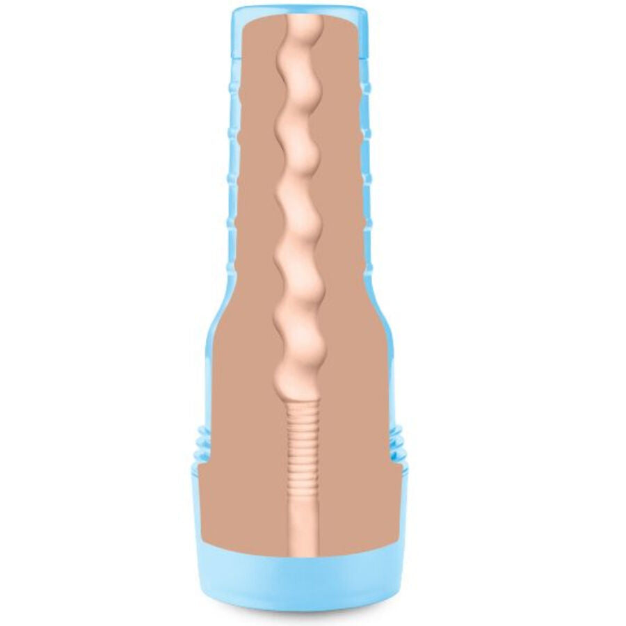 Vue de profil de la gaine interne texturee du masturbateur anal Power Bottom Boy, perles et reliefs etages en matiere Real Feel ultra-douce, embouts bleus de maintien.