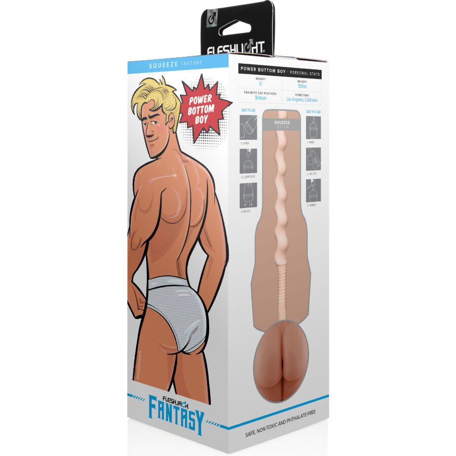 Boite du masturbateur anal Power Bottom Boy avec illustration du modele, photo de la gaine texturee et de l'orifice arriere moule realiste, matiere Real Feel ultra-douce.