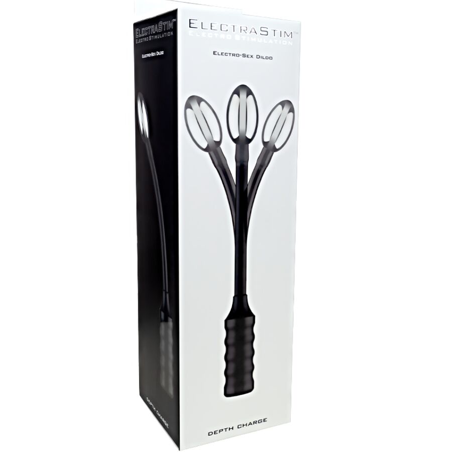 Boite noire ElectraStim Depth Charge presentant la sonde e-stim a tige flexible et tete ovale metallisee, electrode bipolaire pour massage du point G et de la prostate.