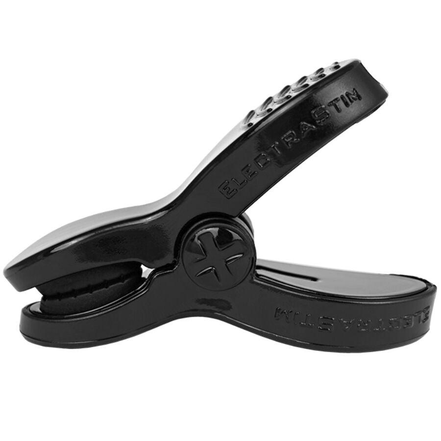 Pince d'electrostimulation ElectraStim bipolaire en plastique ABS noir a machoires larges et coussinets conducteurs, accessoire reglable pour stimulation electro de surface.