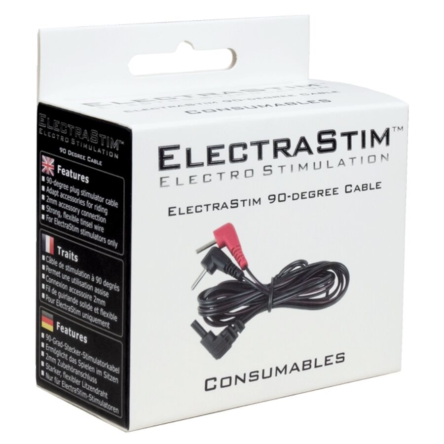 Boite ElectraStim 90-Degree Cable Consumables presentant le cable de connexion coude rouge et noir, packaging de l'accessoire de remplacement pour electrostimulation.