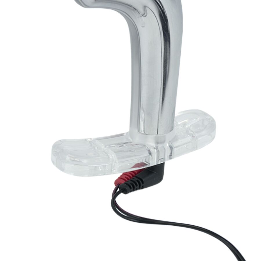 Socle transparent d'accessoire electro ElectraStim vu en gros plan avec cable coude a 90 degres rouge et noir branche, illustrant le jeu assis sur jouet insrable.