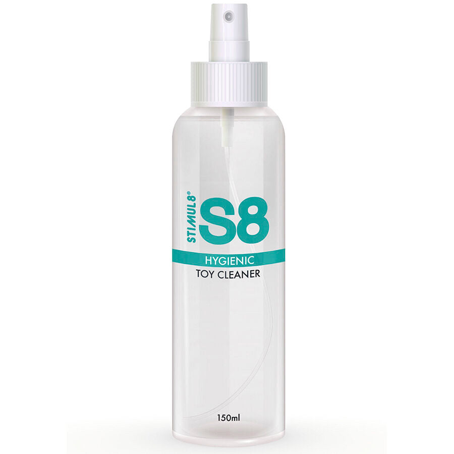 Flacon spray transparent S8 Hygienic Toy Cleaner 150 ml de face, nettoyant hygienique pour sextoys a pulveriser, action antimicrobienne avant et apres usage.