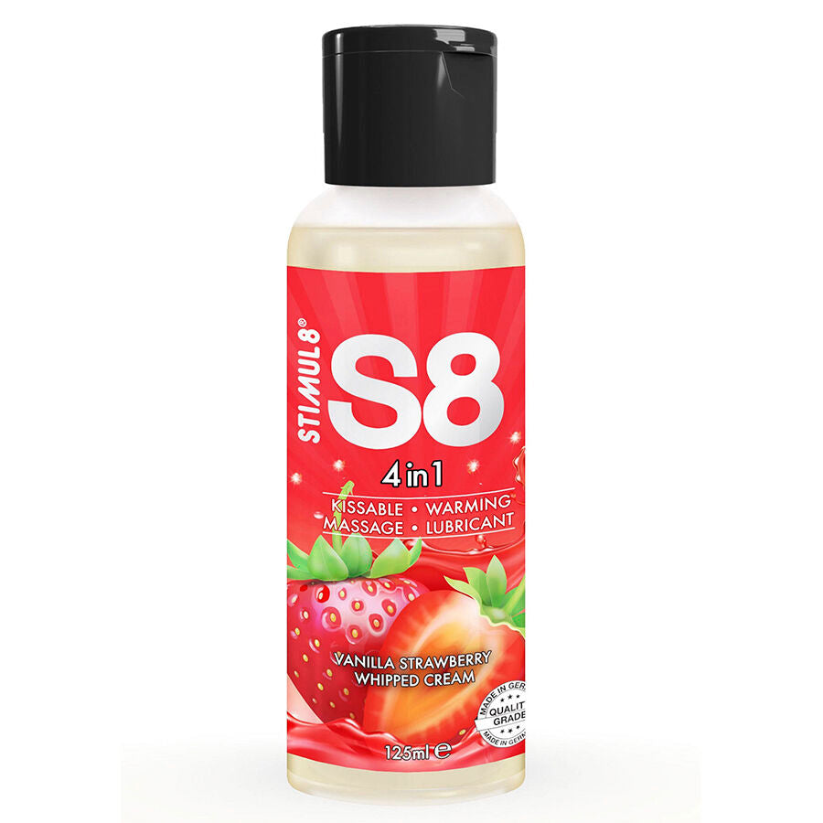 Flacon rouge S8 4 en 1 125 ml de face, lubrifiant gourmand comestible saveur fraise, effet chauffant leger, usage lubrifiant massage et gourmandise.