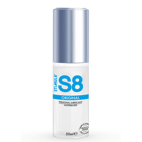 Flacon pompe S8 Original 50 ml de face, lubrifiant intime base eau longue duree, etiquette bleue, glisse douce compatible preservatifs et sextoys.