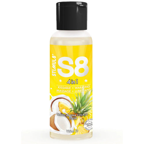 Flacon jaune S8 4 en 1 125 ml de face, lubrifiant gourmand comestible saveur pina colada, effet chauffant leger, multi-usage massage et gourmandise.