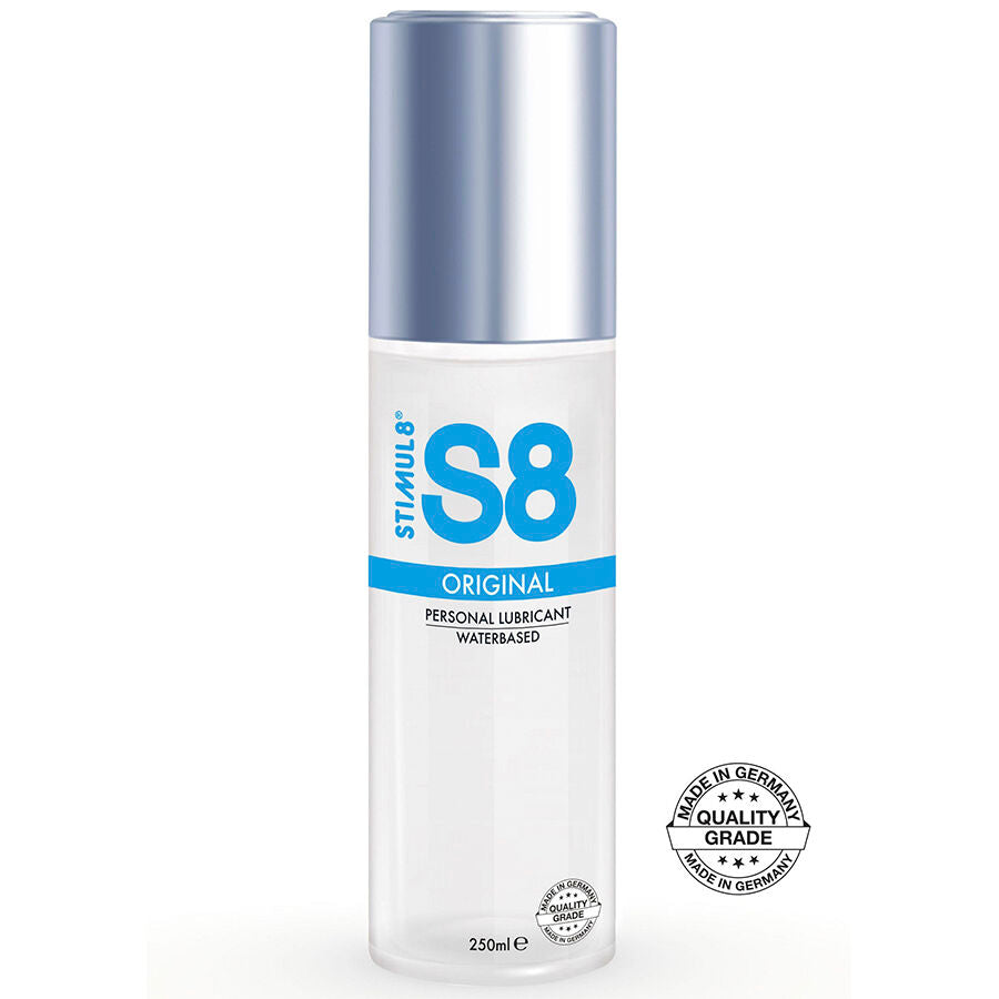 Grand flacon S8 Original 250 ml avec pastille Made in Germany, lubrifiant intime base eau longue duree, glisse douce compatible preservatifs et sextoys.