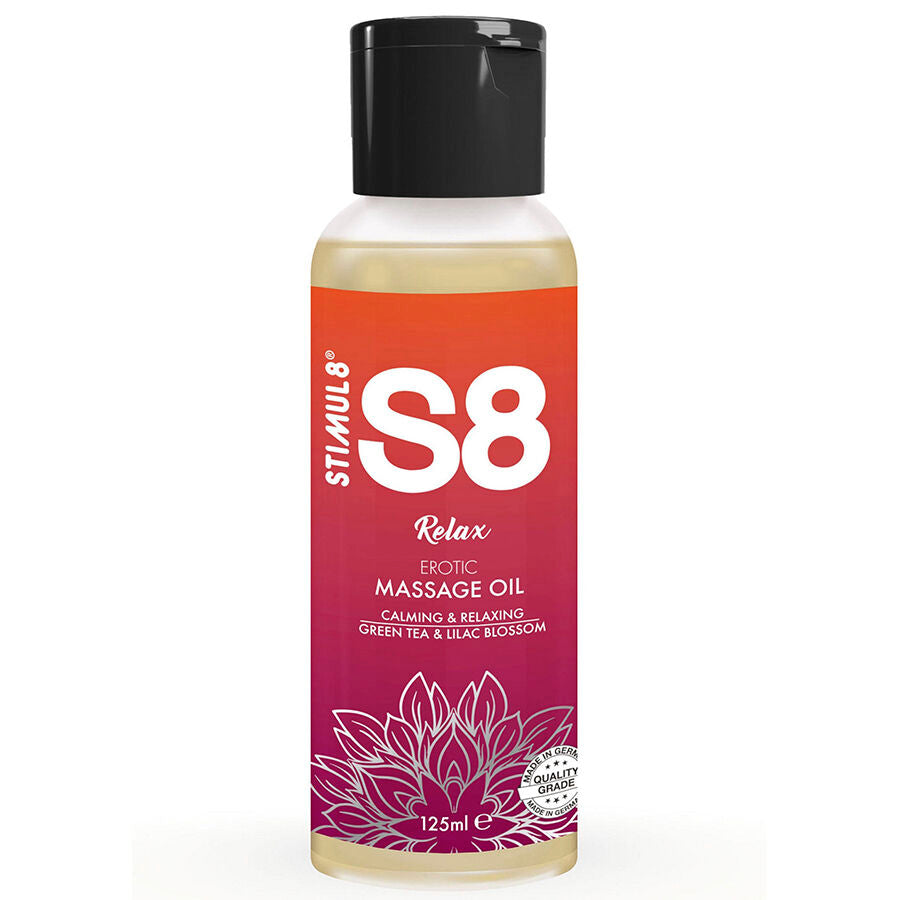 Flacon S8 Relax huile de massage 125 ml de face, degrade orange parfum the vert et lilas, base jojoba amande douce et sesame pour un massage tout en douceur.