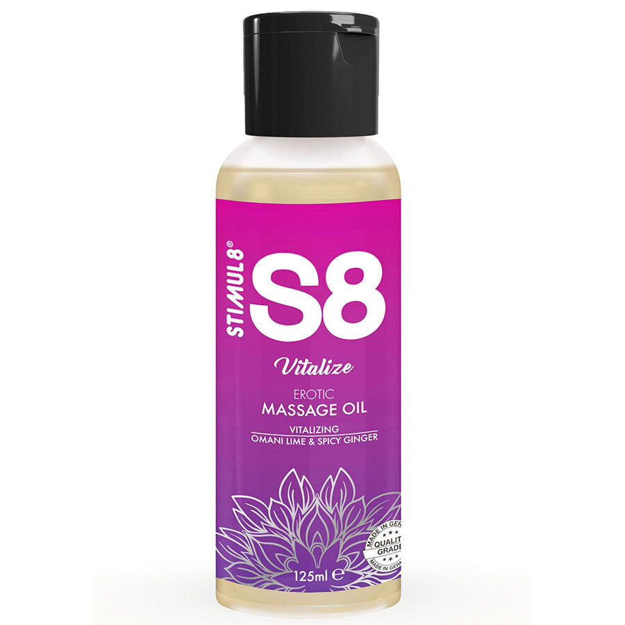 Flacon S8 Vitalize huile de massage 125 ml de face, etiquette violette parfum citron vert et gingembre epice, base de trois huiles nourrissantes pour la peau.