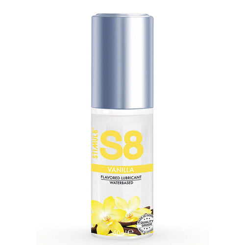 Flacon S8 lubrifiant vanille vu de face, bandeau jaune flavored lubricant waterbased et fleur de vanille, gel gourmand comestible base eau longue duree sans colorant