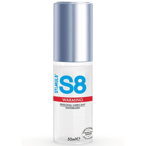 Flacon S8 lubrifiant chauffant warming 50 ml debout de face, bandeau rouge personal lubricant waterbased, gel base eau effet chaleur sans paraben longue duree