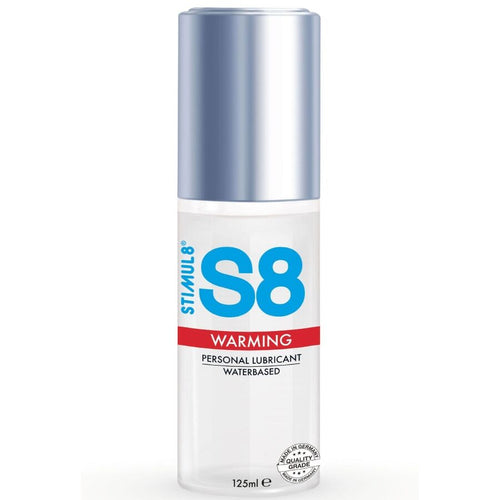 Grand flacon S8 lubrifiant chauffant 125 ml vu de face, logo bleu Stimul8 et bandeau rouge warming, gel base eau effet chaleur douce a glisse longue duree