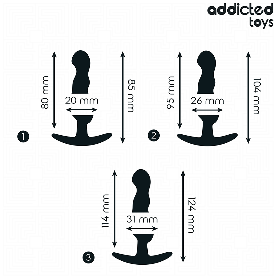 Schema technique du lot de plugs anaux Addicted, trois tailles 80, 95 et 114 mm de haut avec corps 20, 26 et 31 mm, bases ancres de securite en silicone.